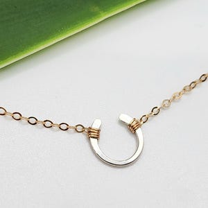 May include: A gold chain necklace with a silver horseshoe pendant. The horseshoe is open at the top and has a gold wire wrapped around the ends.