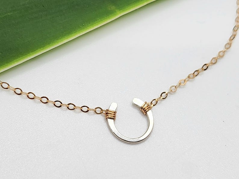 May include: A gold chain necklace with a silver horseshoe pendant. The horseshoe is open at the top and has a gold wire wrapped around the ends.
