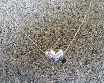 Sterling Silver Puffed Heart Necklace, Silver Heart, Heart Necklace, Heart Bead