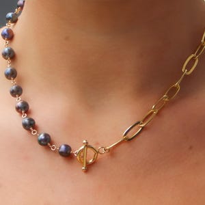 Collar de clip de relleno de oro grueso de 14k con perlas de pavo real, collar de eslabones de oro, collar de perlas
