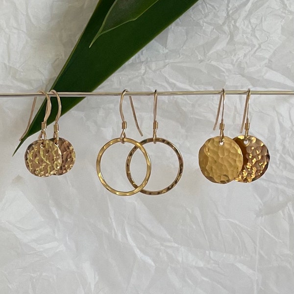 Hammered Circle Earrings, Gold, Sterling Silver, Dangle Earrings, Gold Earrings, Silver Earrings, Dainty, Hammered, Circle, Dangle, Tiny