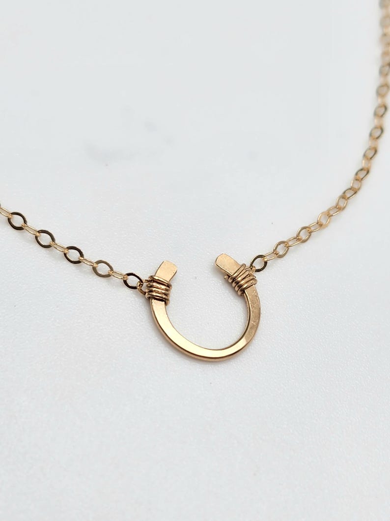 May include: A gold horseshoe necklace with a delicate chain. The horseshoe is open at the top and has a simple, minimalist design.