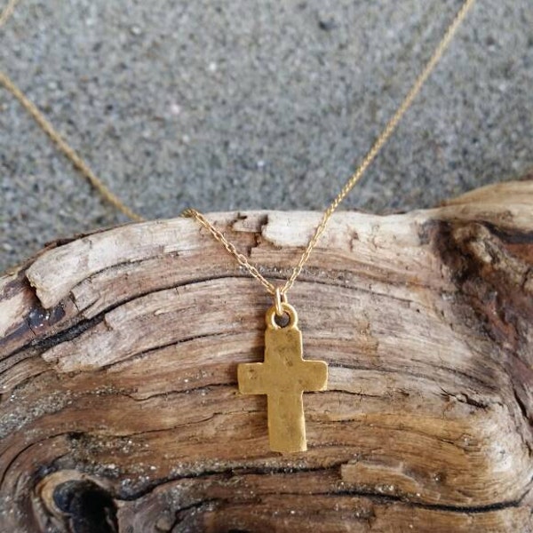 Cross Necklace, Rustic Cross, Gold Cross, Pendant, Chunky Cross