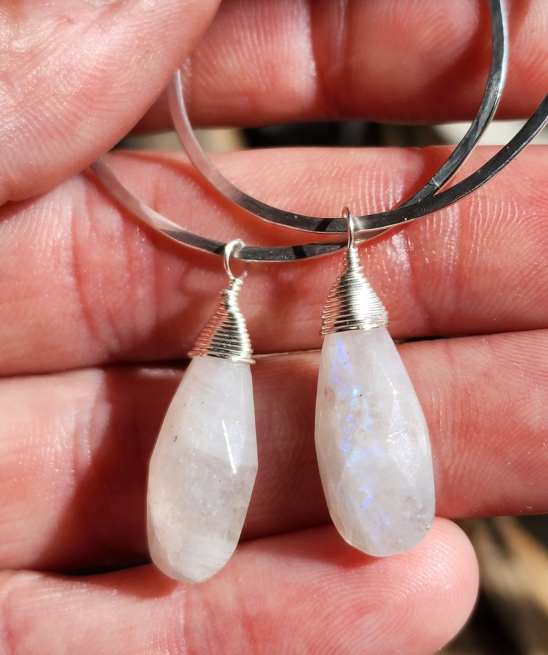 Moonstone Earrings, Gold Fill, Sterling Silver, Hoop Earrings, Hammered Earrings, Silver, Gold Fill, Moonstone, Long Drop Earrings, Hammered image 9