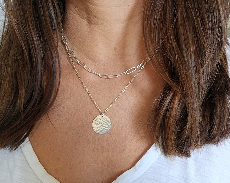 Layered Necklace Set, Gold, Silver, Set of 2, 14k Gold Filled, Sterling Silver, Minimalist, Paperclip, Coin, Double, Chain, Necklace, Set image 1