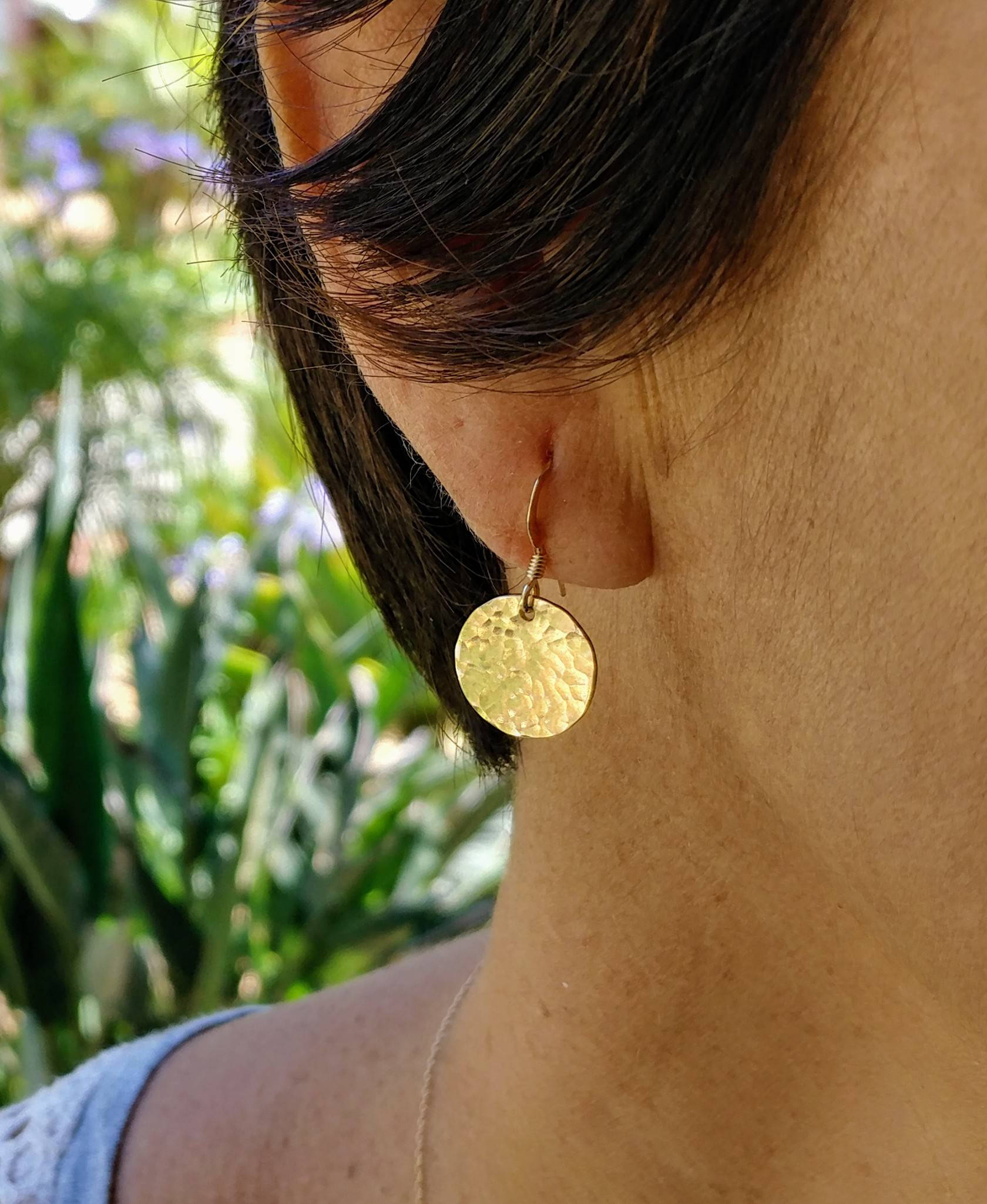 thumbnail image 2 of Hammered Gold Dangle Earrngs Gold Hoop Earrngshammered - Etsy 2 of 13
