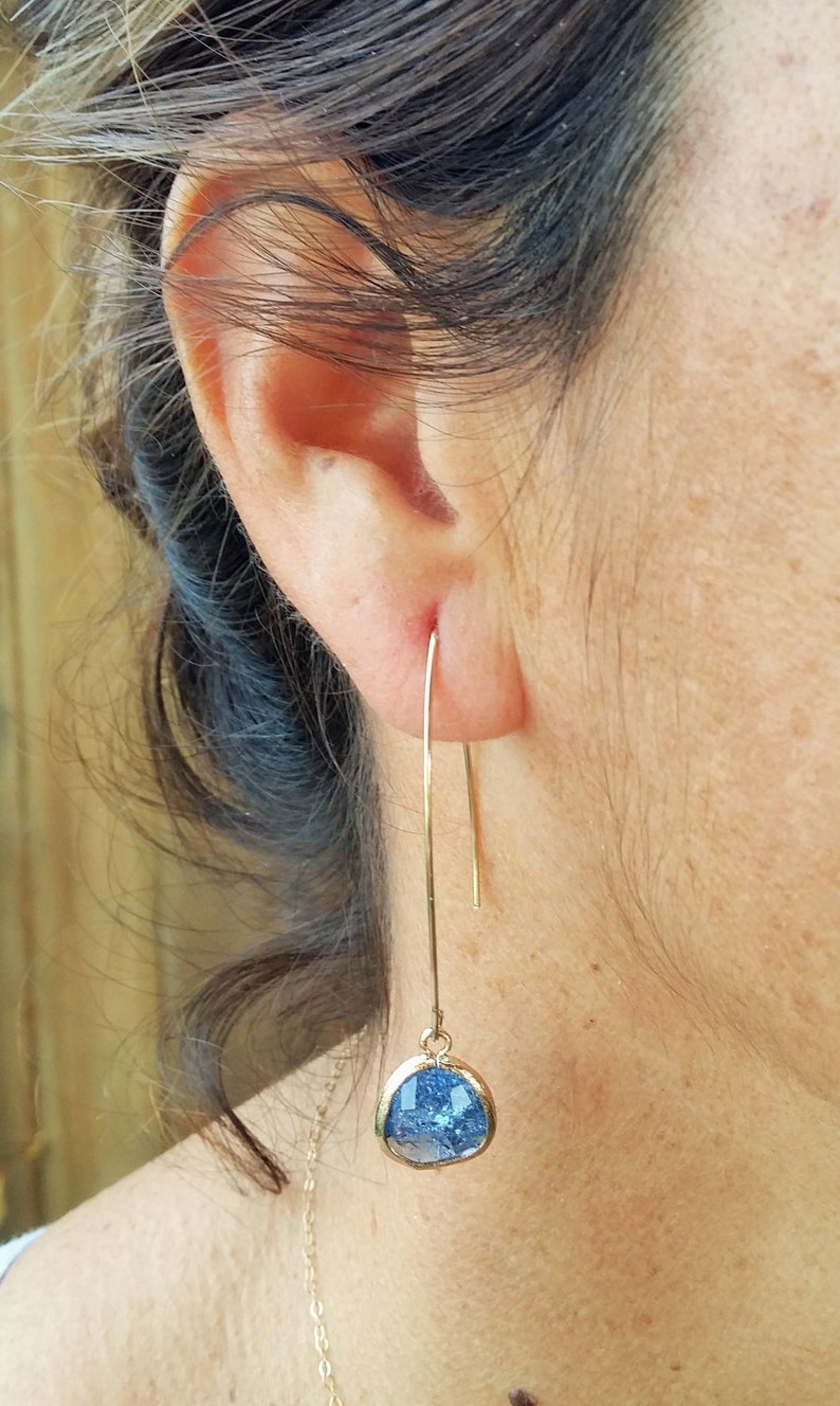 Faceted Crackled Glass Drop Earring Montana Blue Bezel Set Silver Ear Wire