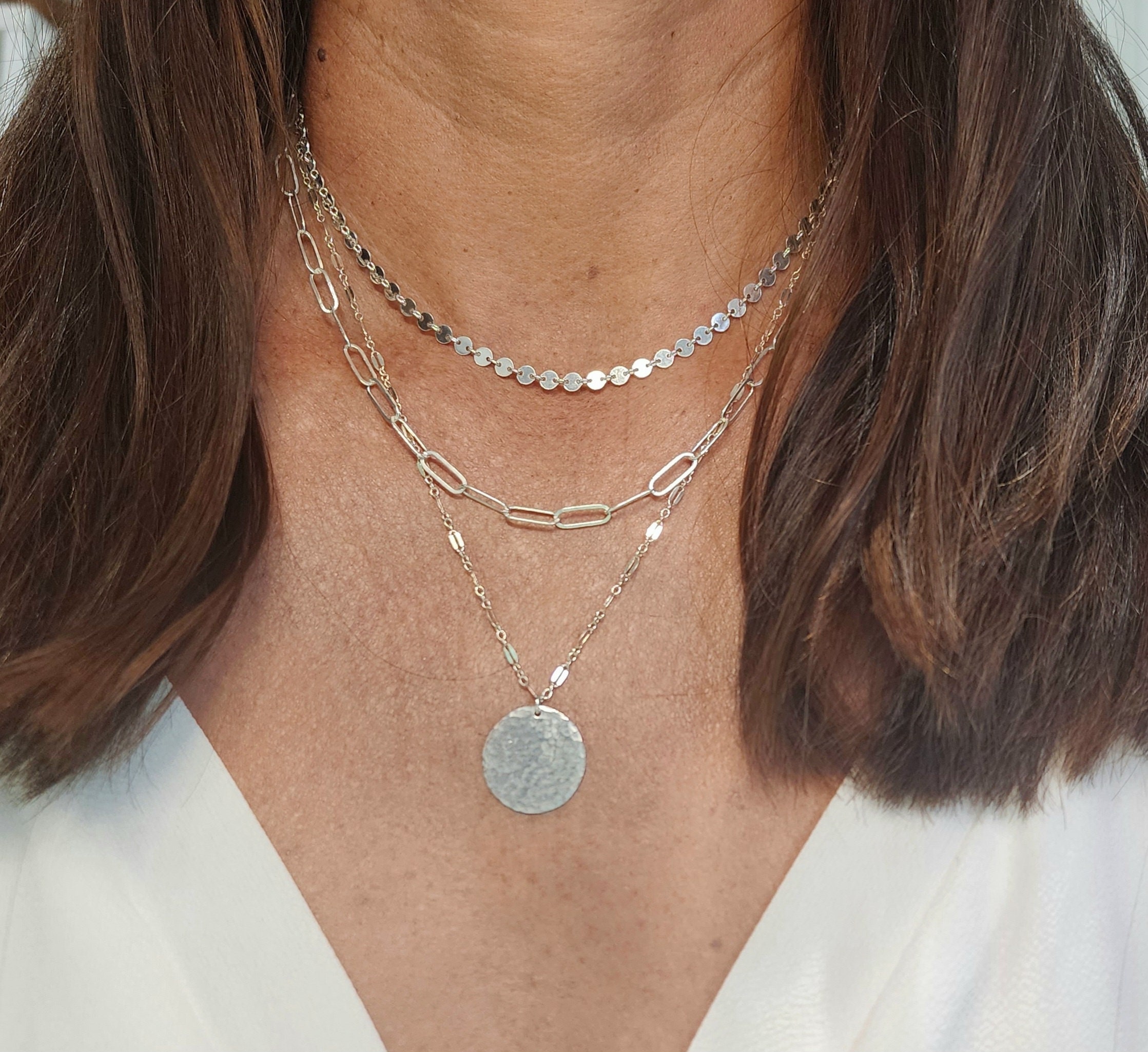 Set of 3 Layering Necklaces - Tiny Hammered Disc, 18/20/22 / Sterling Silver