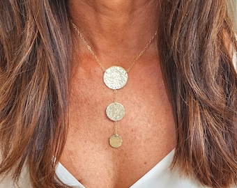 Hammered Triple Disk Necklace, Gold or Sterling Silver, Lariat, Circle, Y Necklace, Gold Fill, Sterling Silver, Circle Necklace, Coin
