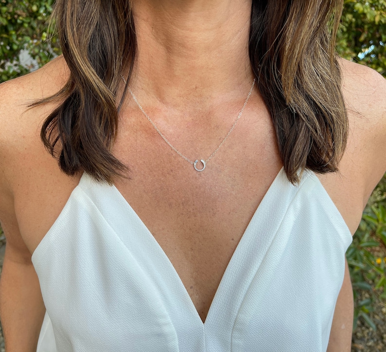 May include: A silver necklace with a simple circle pendant. The necklace is worn by a person with long brown hair and a white top.