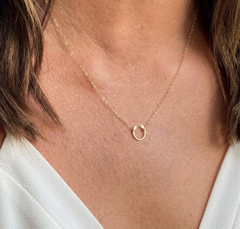 May include: A gold chain necklace with a small horseshoe pendant.