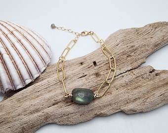 Pulsera de labradorita, pulsera de oro, pulsera de plata, chapada en oro de 14 k, plata de ley, pulsera de piedras preciosas, clip, cadena, pulsera