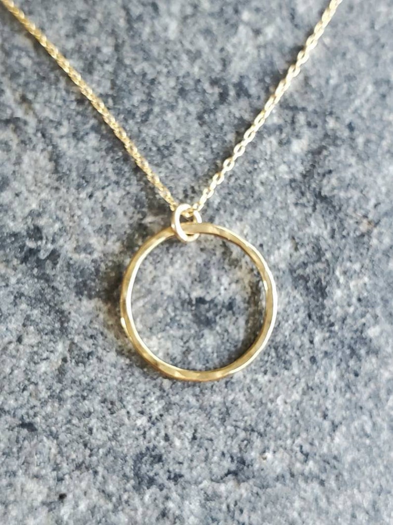 Small Gold Necklace, Circle Pendant, Hammered Circle, Gold Necklace, Gold Fill, Dainty Necklace, Open Circle image 3