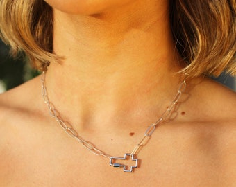 Cross Carabiner Necklace, Mixed Metal, Sterling Silver Cross, Gold Filled Paperclip Chain, Cross Necklace, Silver Cross Necklace, Cross
