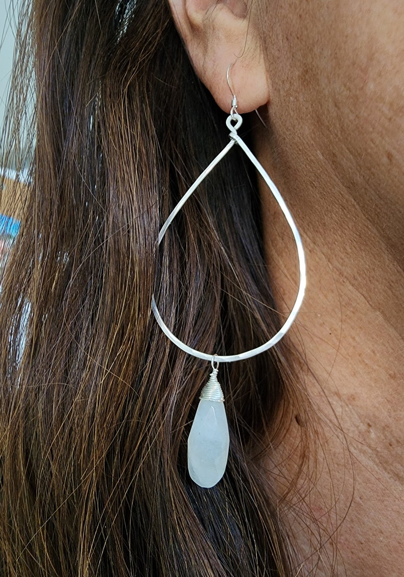 Moonstone Earrings, Gold Fill, Sterling Silver, Hoop Earrings, Hammered Earrings, Silver, Gold Fill, Moonstone, Long Drop Earrings, Hammered image 6