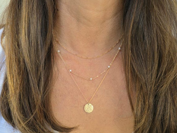 Three Strand Labradorite Amazonite Necklace with Disk Pendant Gold-plated Silver Three Strand Labradorite Amazonite Necklace with Disk Pendant Gold-plated Silver