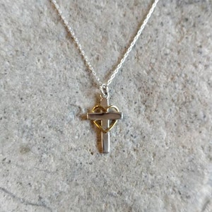 Tiny Sterling Cross Necklace, Gold Heart, Sterling Silver, Cross Necklace, Silver Cross, Pendant, Cross with Heart, Heart, Tiny Silver Cross