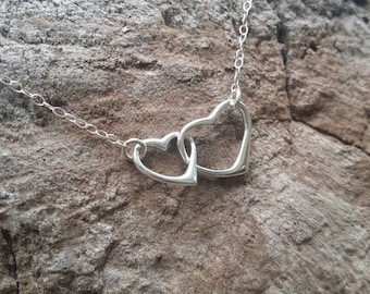 Double Heart Necklace, Sterling Silver, Small Heart Necklace, Silver Heart Necklace