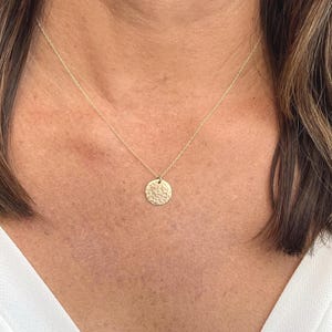 May include: A gold-toned necklace featuring a delicate chain and a small, circular pendant with a textured, hammered surface. The pendant hangs centrally from the chain, which rests against the collarbone area, showcasing a metallic finish.