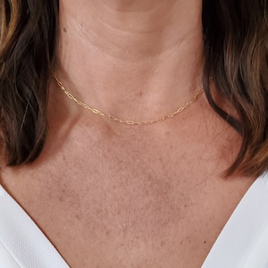 May include: A gold chain necklace with a delicate, linked design. The necklace is worn by a person with brown hair and a white top.
