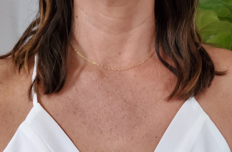May include: A gold chain necklace with a delicate, linked design. The necklace is worn by a person with brown hair and a white top.