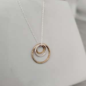 Tiny Mixed Metal Circle necklace, Three Circles, Tiny Circle Necklace, Sterling Silver, and, Gold Filled, silver and gold, Dainty