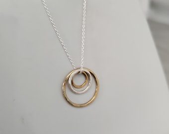 Tiny Mixed Metal Circle necklace, Three Circles, Tiny Circle Necklace, Sterling Silver, and, Gold Filled, silver and gold, Dainty
