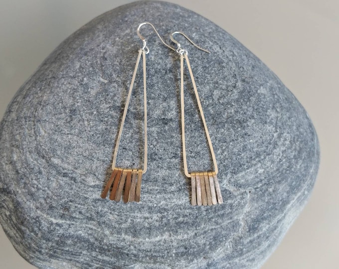 Fringe Earrings, Silver and Gold, Mixed Metal, Hammered Earrings, Fringe Earrings, Long Earrings, Dressy, Sterling Silver, Gold Fill, Dainty