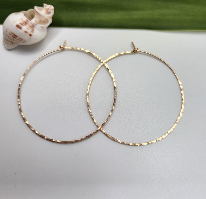 May include: A pair of gold hoop earrings with a hammered texture. The earrings are simple and elegant.