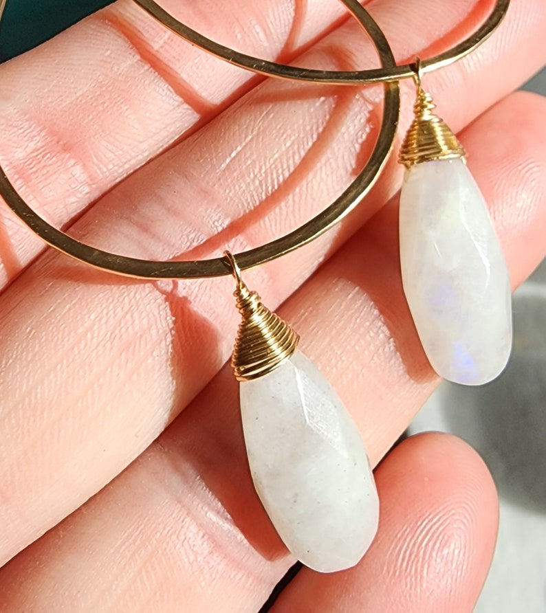 Moonstone Earrings, Gold Fill, Sterling Silver, Hoop Earrings, Hammered Earrings, Silver, Gold Fill, Moonstone, Long Drop Earrings, Hammered image 3