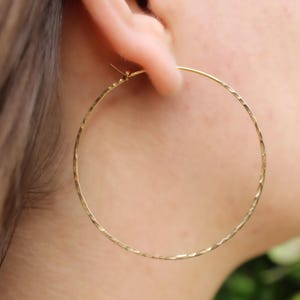 May include: Gold hoop earrings with a textured finish. The earrings are large and circular.