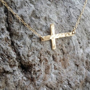 Gold Hammered Cross Necklace, Gold Fill, Hammered Cross, Gold Cross, Sideways Cross, Medium Cross