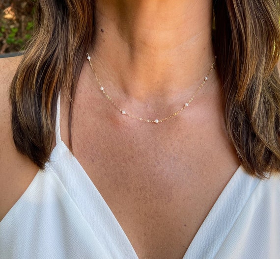 Tiny Gemstone Necklace Gold Fill Sterling Silver Pearl Gemstone Necklace Delicate Dainty Bridesmaid Necklace Pearl Necklace Bridal