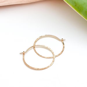 May include: A pair of gold hammered hoop earrings. The earrings are simple and elegant, and would make a great gift for any occasion.