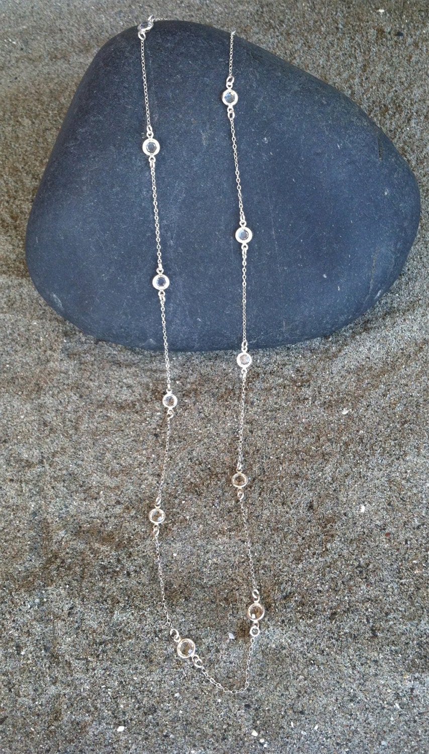 Swarovski Crystal Long necklace, Silver Chain, Bezel Crystal, 36