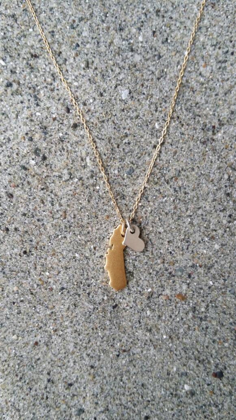 California Love, Tiny Sterling Silver California Necklace, Gold Heart, Silver Necklace, I Love California, Necklace, Small Silver Necklace Gold Vermeil