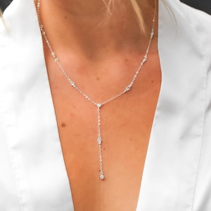 Bridal Jewelry, Sterling Silver Y Necklace, CZ Drop, Dainty, Wedding Jewelry, Bridal Necklace, Lariat, Y-Necklace, Crystal, Minimalist, CZ