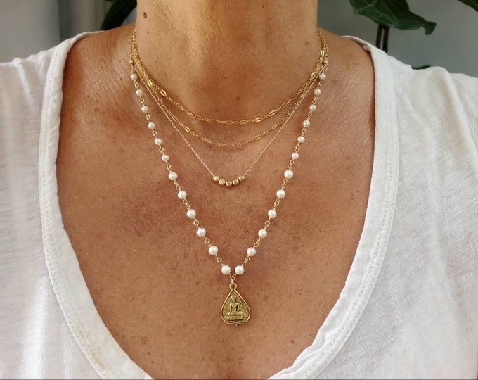 Buddha Necklace Set, Set of 3, Pearl, Gold, Silver, Three Necklaces, Layering Necklaces, Necklace Set, Layered, Delicate, Dainty, Minimalist