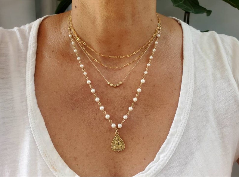 Buddha Necklace Set, Set of 3, Pearl, Gold, Silver, Three Necklaces, Layering Necklaces, Necklace Set, Layered, Delicate, Dainty, Minimalist image 1