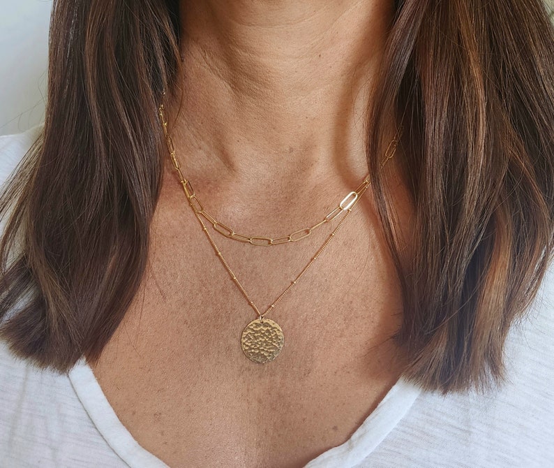 Layered Necklace Set, Gold, Silver, Set of 2, 14k Gold Filled, Sterling Silver, Minimalist, Paperclip, Coin, Double, Chain, Necklace, Set image 2