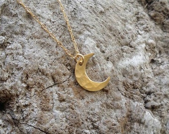 Small Moon Necklace, Crescent Moon, Gold Necklace, Gold Moon, Hammered, Dainty Necklace