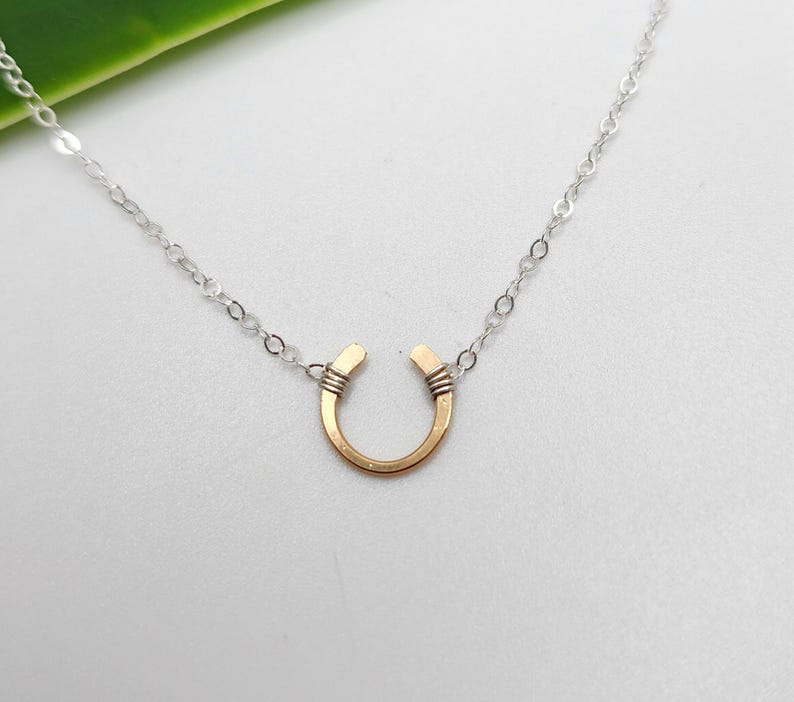 May include: A silver chain necklace with a gold horseshoe pendant. The horseshoe is made of thick wire and has a simple, minimalist design.