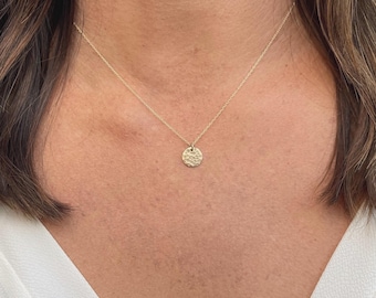 Peut inclure: Un collier délicat de couleur dorée doté d'un petit pendentif circulaire à la surface martelée et texturée. Le pendentif est suspendu à une fine chaîne dorée simple qui repose sur le cou, offrant une finition métallique subtile et brillante.