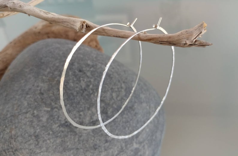 Thin Hoop Earrings, Hoop Earrings, Lightweight, Hammered Hoop Earrings, Hammered Earrings, Sterling Silver, or, Gold, Small, Medium, Large image 1