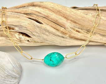 Turquoise Necklace, Paperclip Chain, 14k Gold Filled, Sterling Silver, Turquoise, Chunky, Natural Turquoise, Green, Blue, Necklace