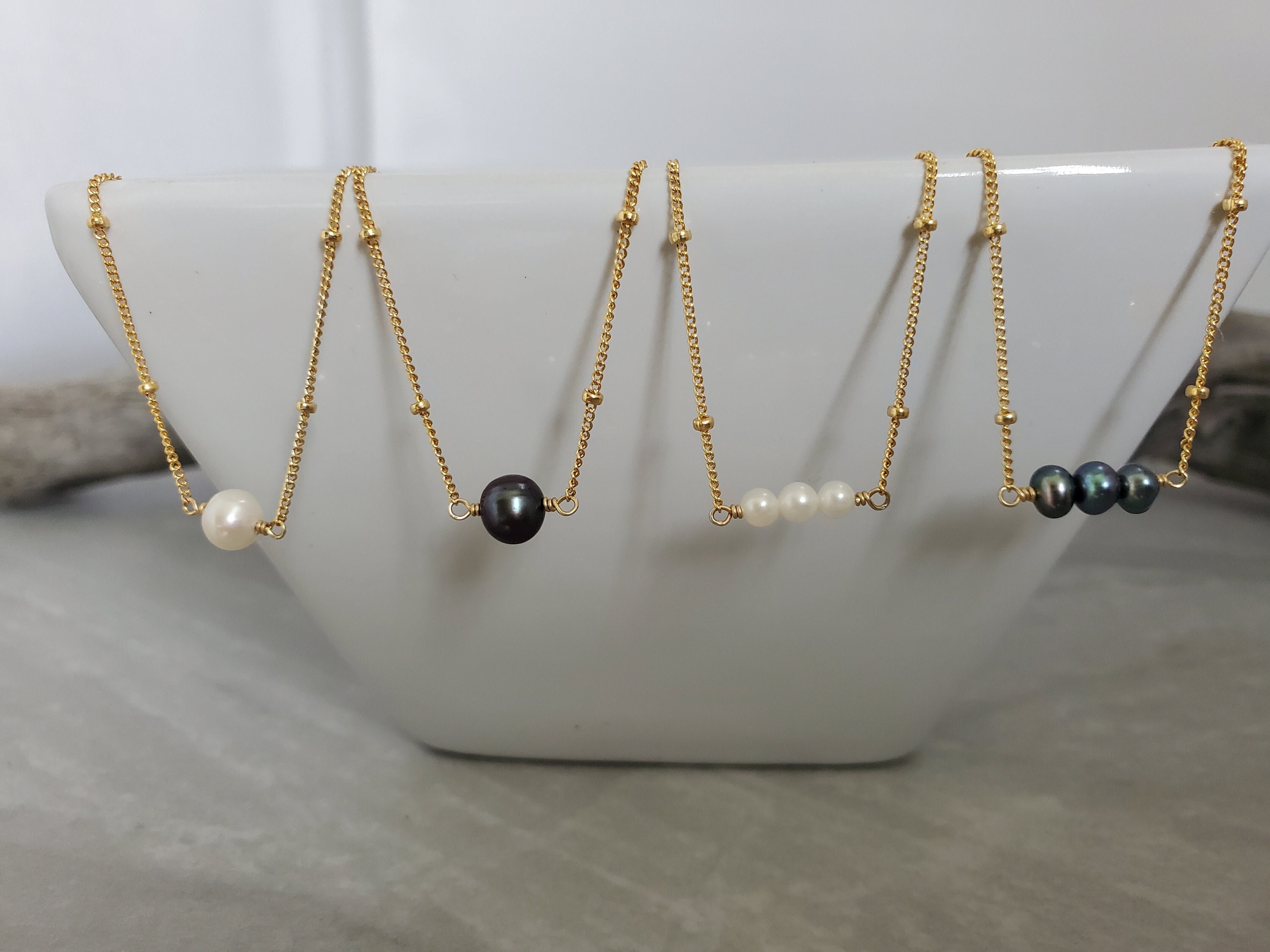 Freshwater Pearl Necklace, White Pearl, Black Pearl, Gold