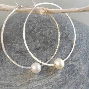 Hoop Earrings, Pearl, Lightweight, Simple Hoops, Hammered Hoops, Hoop Earrings, Hammered Earrings, Gold, Sterling Silver, Small, large