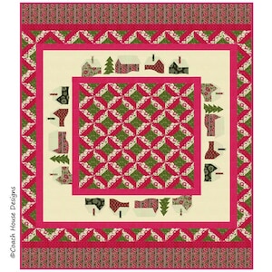 May include: A quilt pattern featuring a winter wonderland scene with houses, trees, and a repeating geometric design in shades of pink and green.