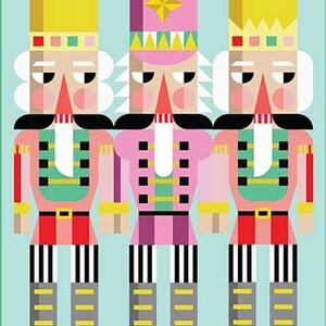 May include: A graphic illustration of three nutcracker figures arranged side-by-side against a light blue background. Each figure wears a uniform with pink, green, red, and yellow accents, featuring a tall crown or hat, a black mustache, and striped legs.