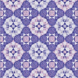 May include: A detailed quilt with a repeating pattern of geometric shapes in shades of purple, lavender, and white. The design features star-like elements and textured, dotted sections, creating a visually complex and appealing textile.